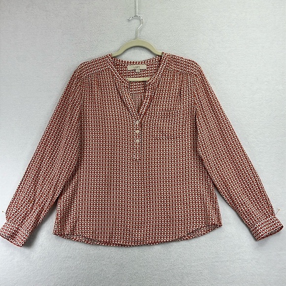 LOFT Women’s Rayon Blouse Size L Dusty Rose & Tan Geometric Print - Picture 1 of 11